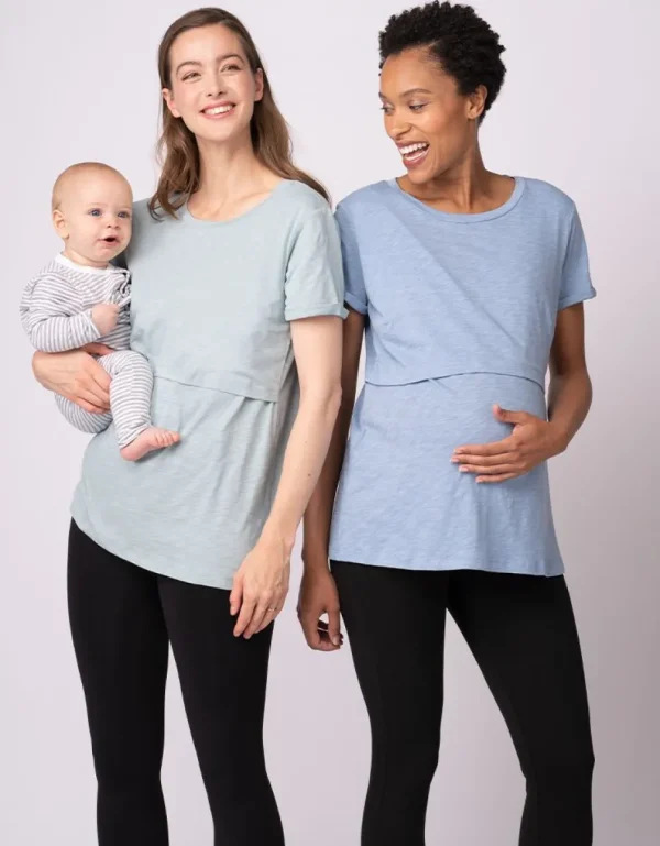Store Set Van Twee Essentiele Zwangerschaps- Tot Borstvoedings-T-Shirts In Blauw En Groen Vrouw Topjes