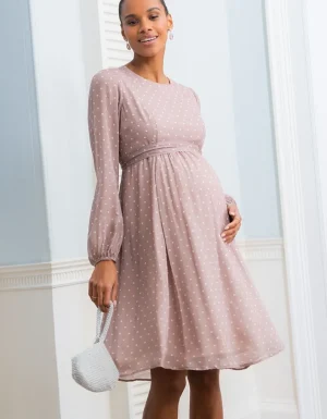 Discount Taupe En Witte Stippen Chiffon Jurk Voor Zwangerschap Tot Borstvoeding Vrouw Jurken