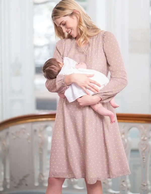 Discount Taupe En Witte Stippen Chiffon Jurk Voor Zwangerschap Tot Borstvoeding Vrouw Jurken