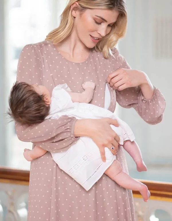 Discount Taupe En Witte Stippen Chiffon Jurk Voor Zwangerschap Tot Borstvoeding Vrouw Jurken