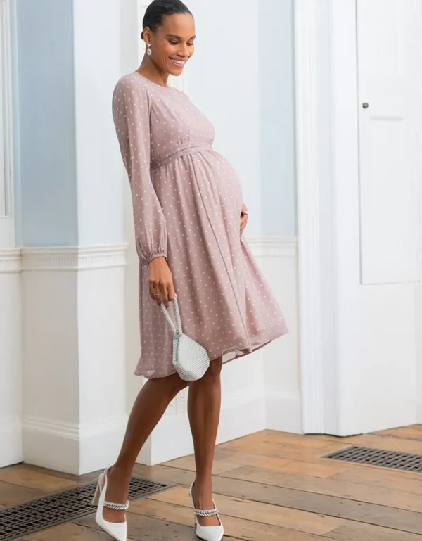 Discount Taupe En Witte Stippen Chiffon Jurk Voor Zwangerschap Tot Borstvoeding Vrouw Jurken