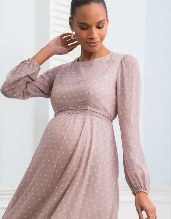 Discount Taupe En Witte Stippen Chiffon Jurk Voor Zwangerschap Tot Borstvoeding Vrouw Jurken