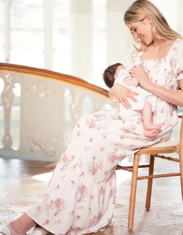 Best Sale Vintage Garden Florals Creme Maxi Zwangerschaps- En Voedingsjurk Vrouw Jurken