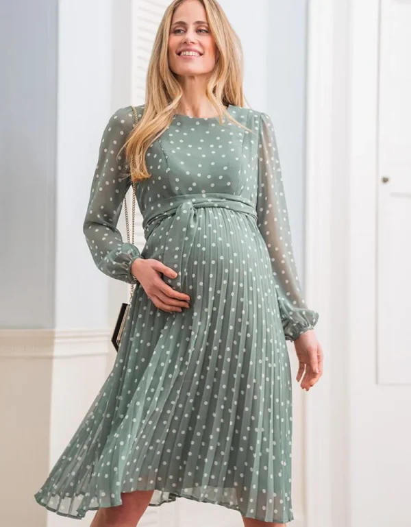Fashion Zwangerschaps- En Borstvoedingsjurk Van Chiffon Met Polkadotstippen In Saliegroen Vrouw Jurken