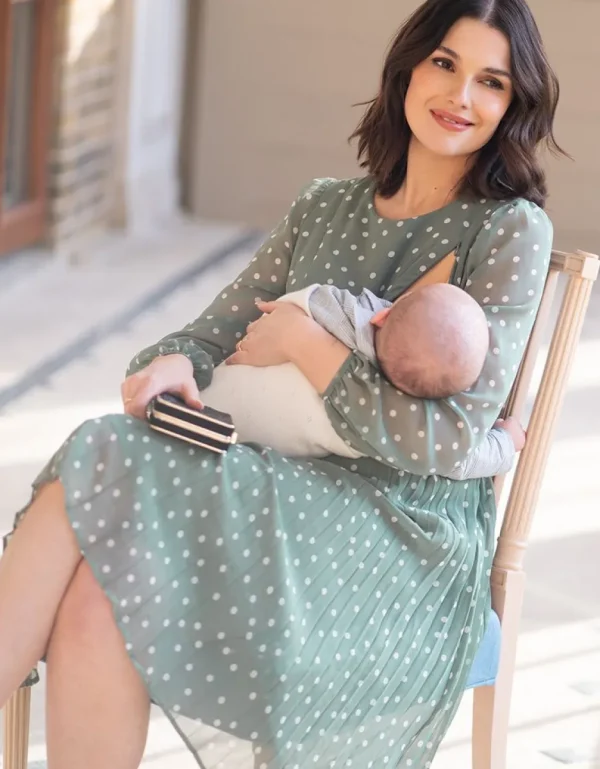 Fashion Zwangerschaps- En Borstvoedingsjurk Van Chiffon Met Polkadotstippen In Saliegroen Vrouw Jurken