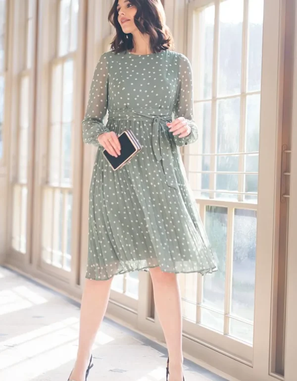 Fashion Zwangerschaps- En Borstvoedingsjurk Van Chiffon Met Polkadotstippen In Saliegroen Vrouw Jurken