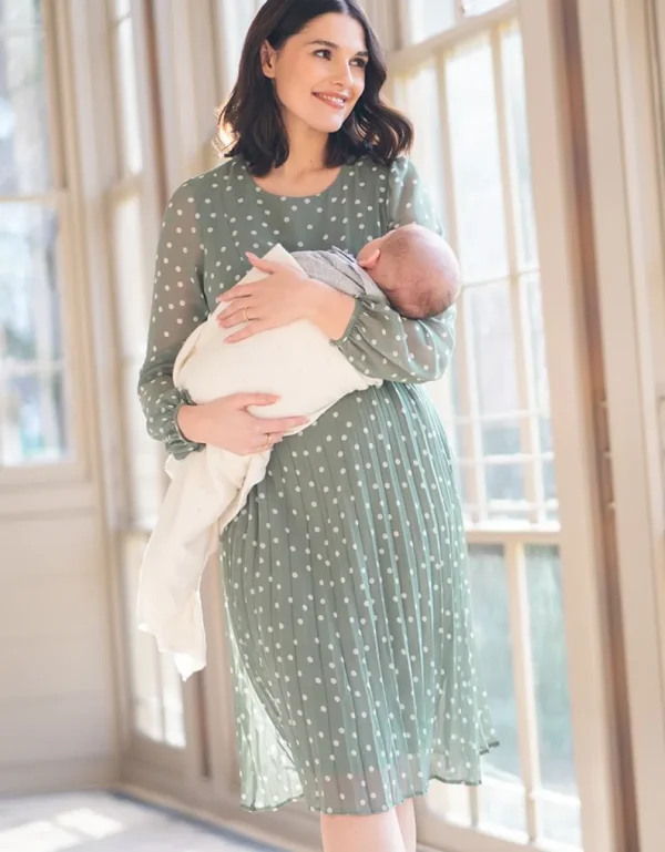 Fashion Zwangerschaps- En Borstvoedingsjurk Van Chiffon Met Polkadotstippen In Saliegroen Vrouw Jurken