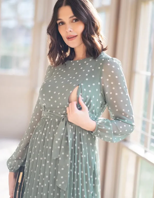 Fashion Zwangerschaps- En Borstvoedingsjurk Van Chiffon Met Polkadotstippen In Saliegroen Vrouw Jurken